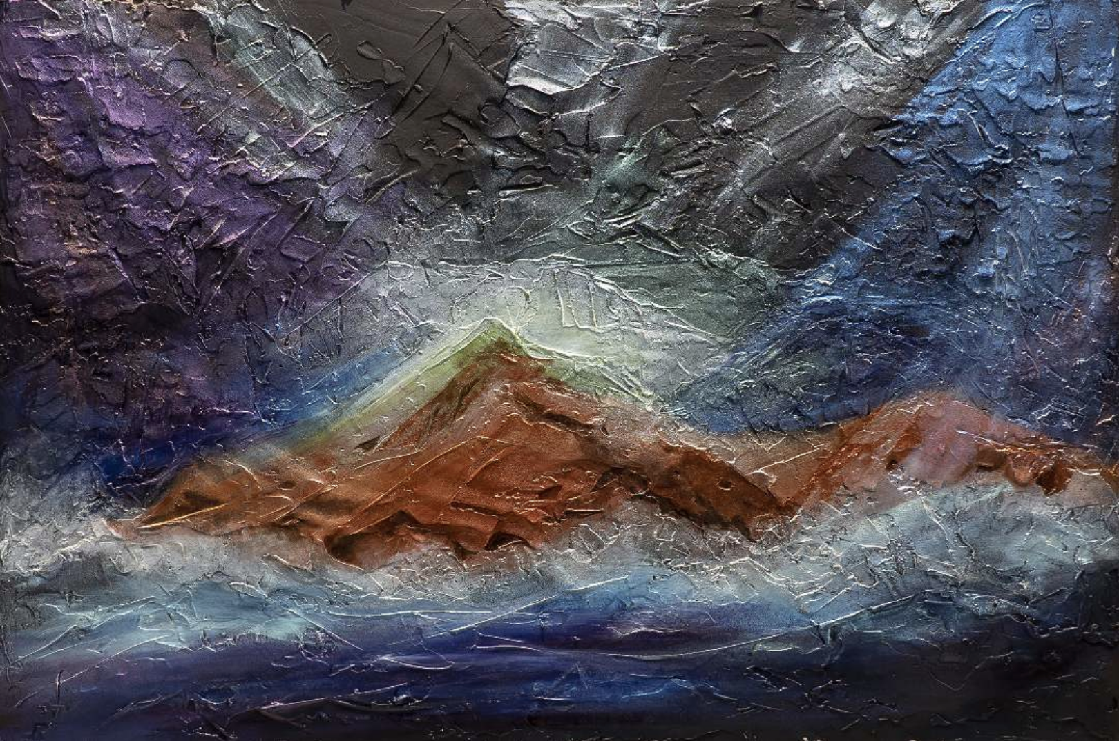 A painting of a mountain in an ocean during a storm