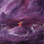 A painting of a child in a red dress holding a gift up to the sky, while waves crash nearby.