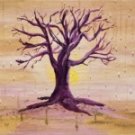 A fig tree painted in purple on a beige background